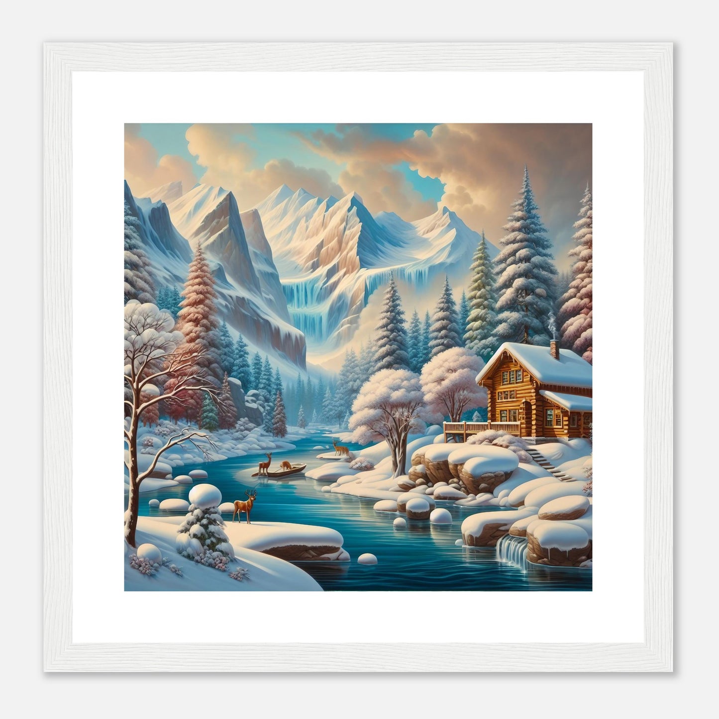 Wall Art - Winter 5 - Deer, log cabin by the river