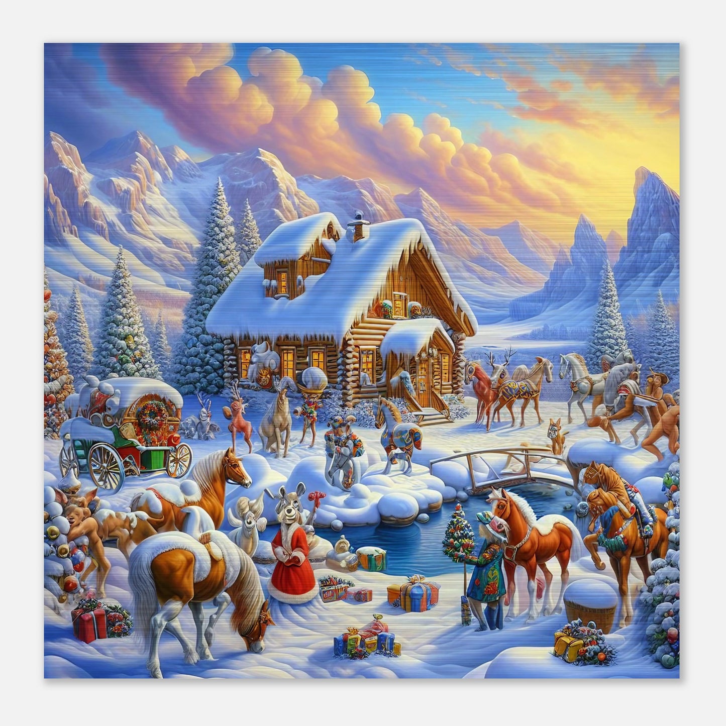 Wall Art - Winter 71 - Log cabin and horses