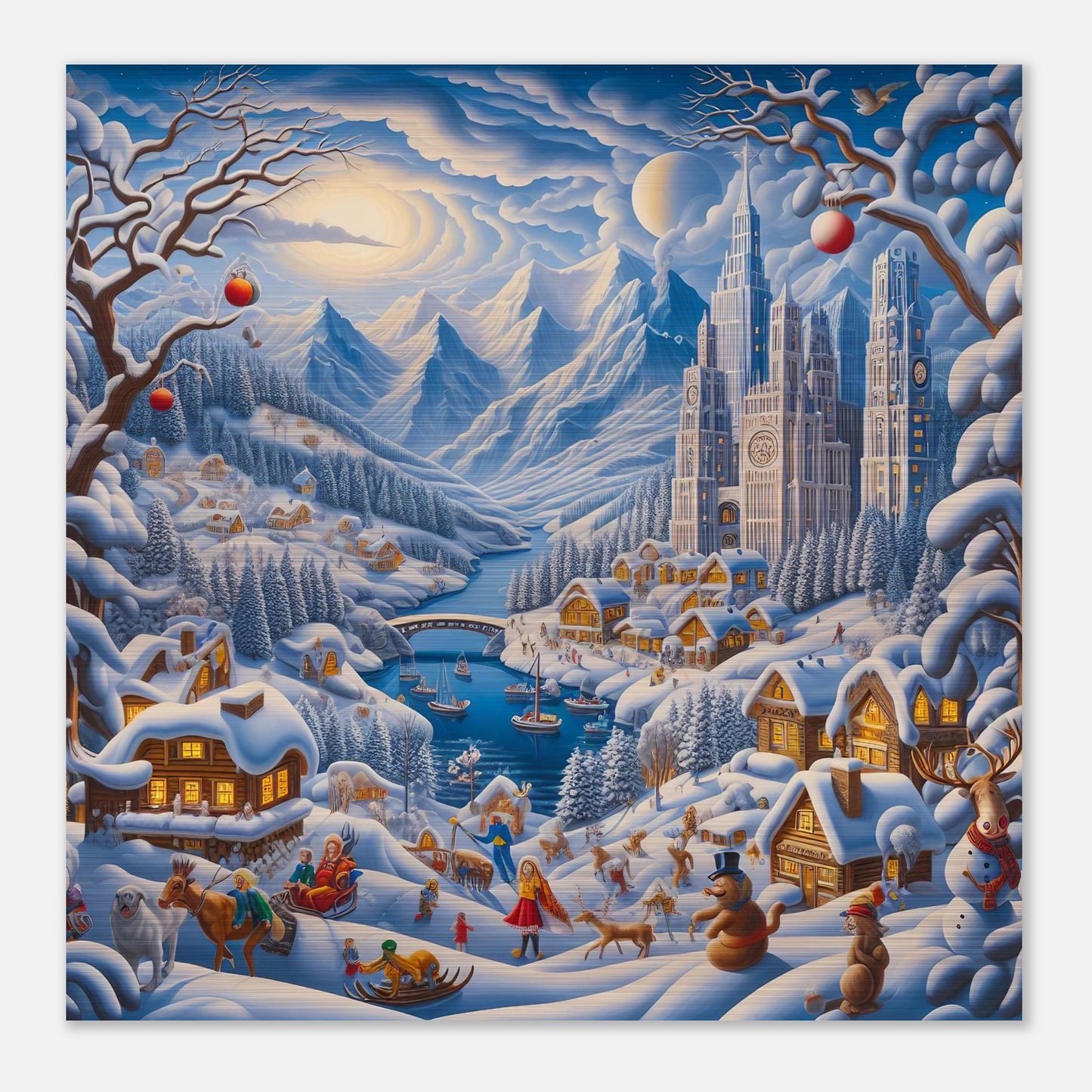 Wall Art - Winter 2 - Mountains, river, building