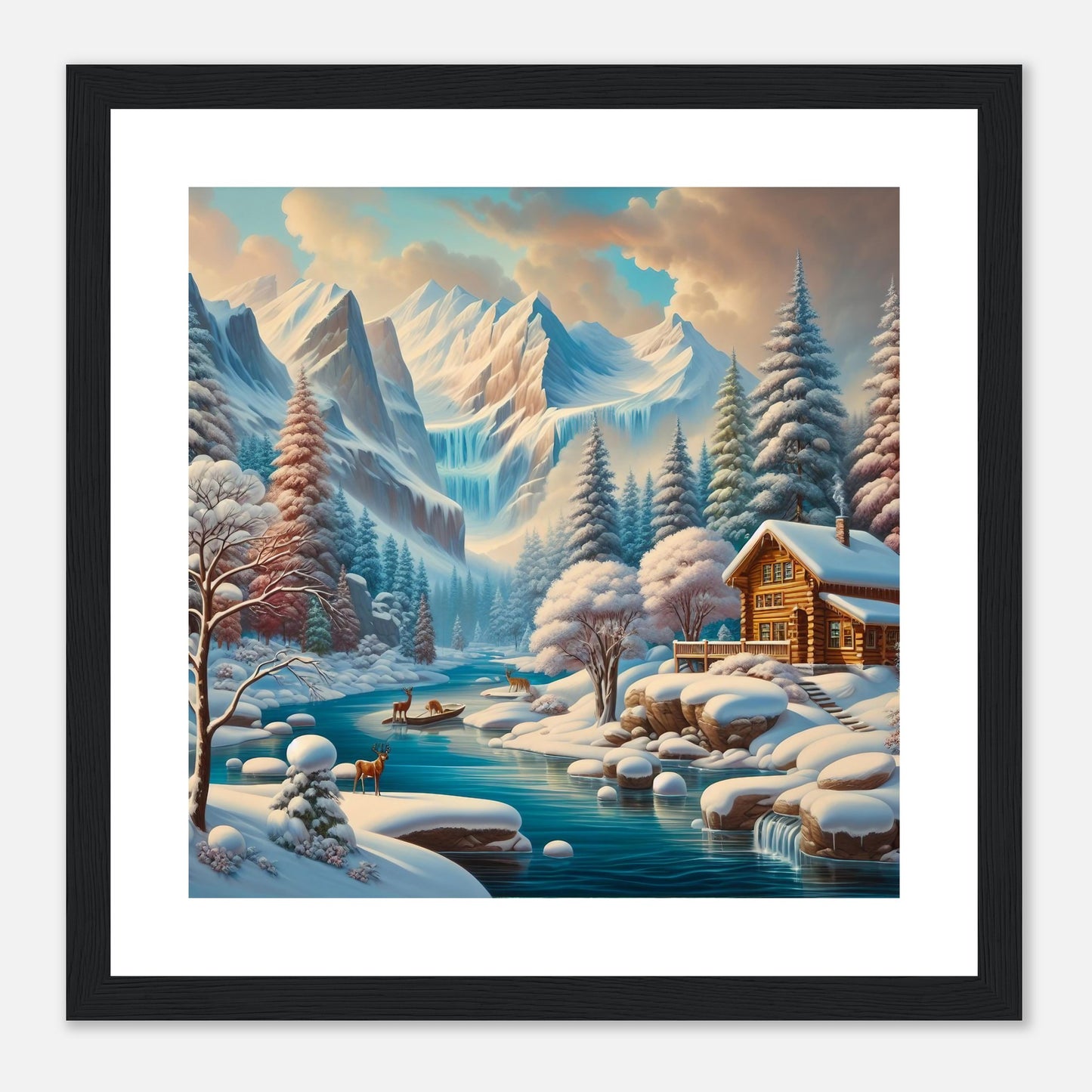 Wall Art - Winter 5 - Deer, log cabin by the river