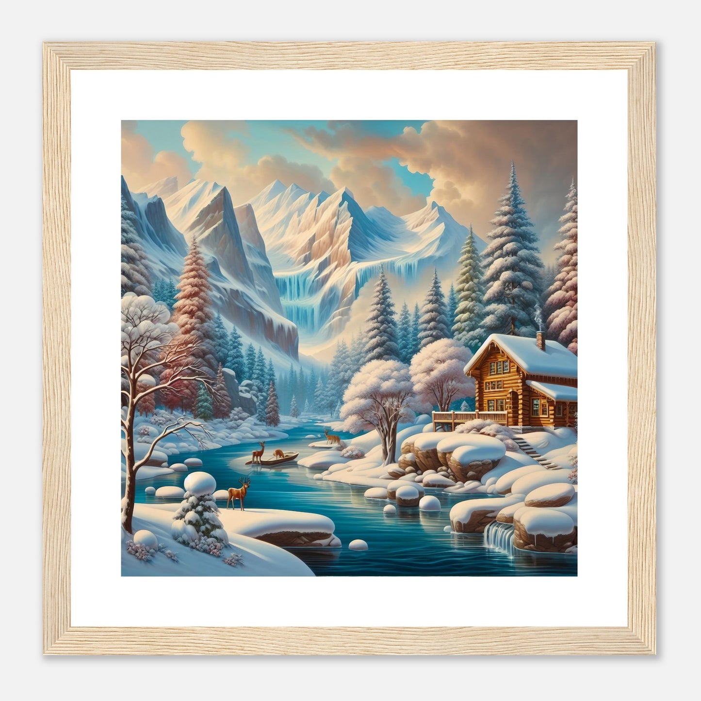 Wall Art - Winter 5 - Deer, log cabin by the river