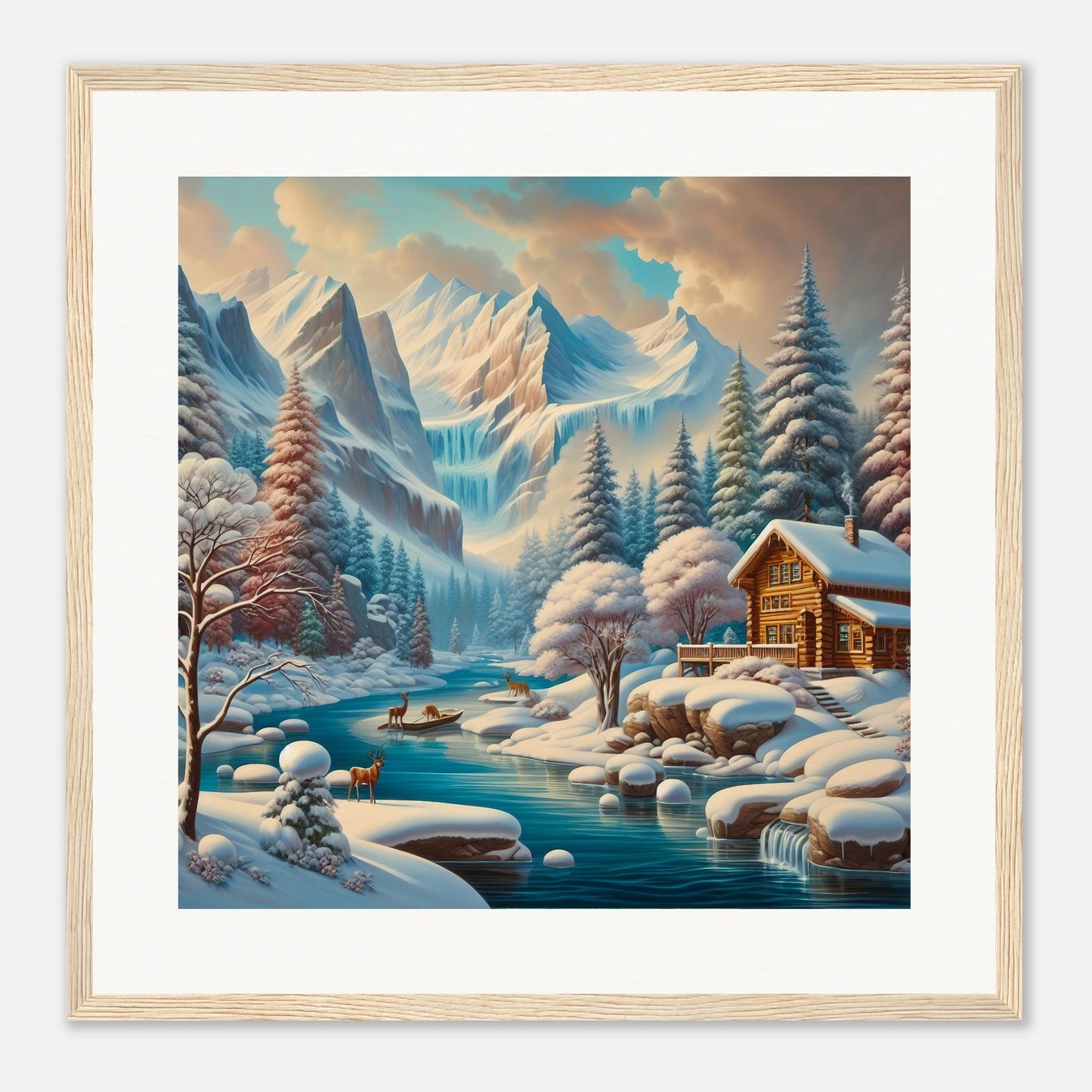 Wall Art - Winter 5 - Deer, log cabin by the river