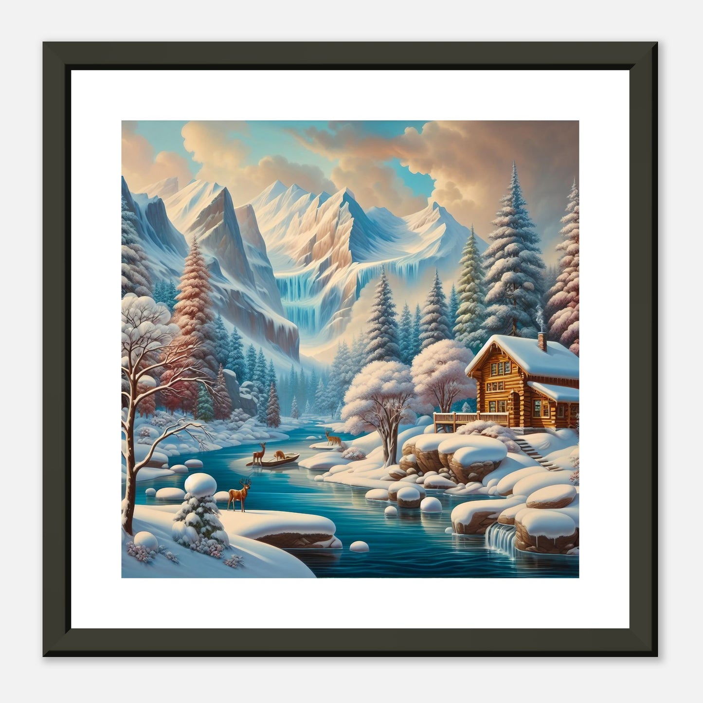 Wall Art - Winter 5 - Deer, log cabin by the river