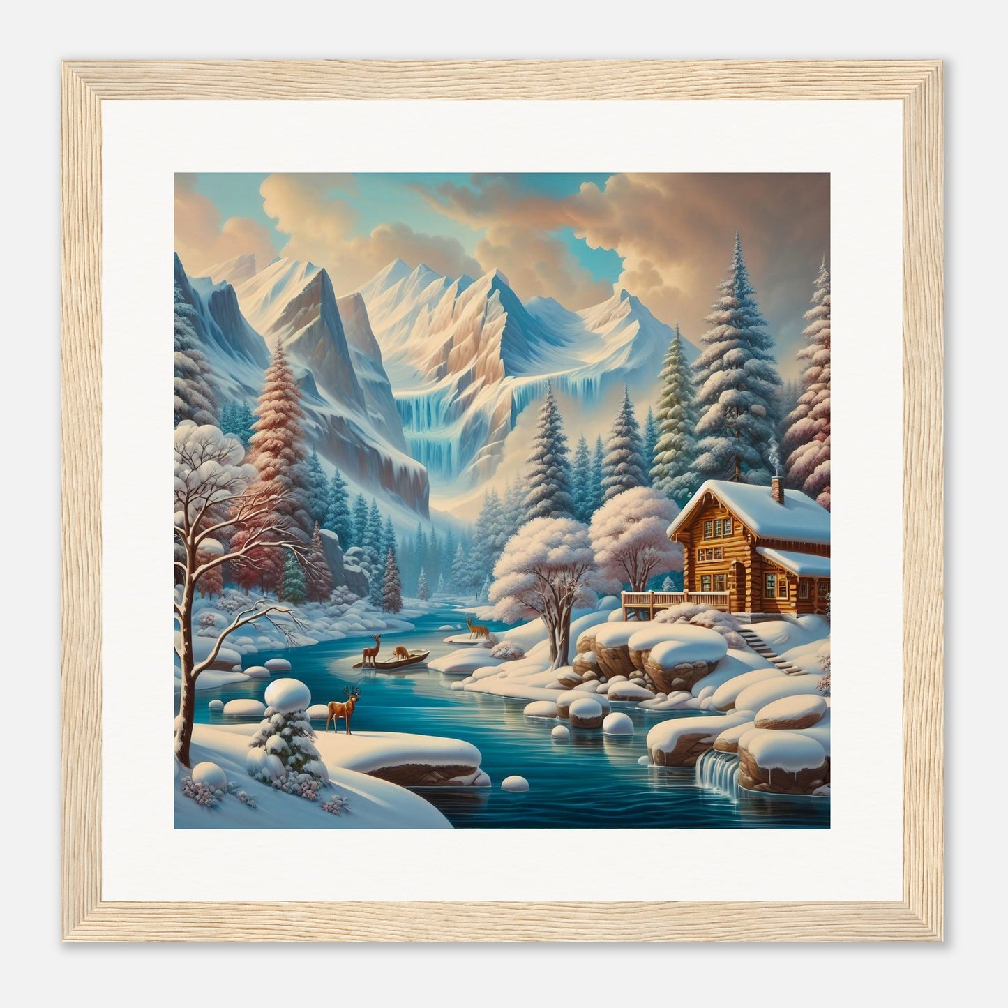 Wall Art - Winter 5 - Deer, log cabin by the river