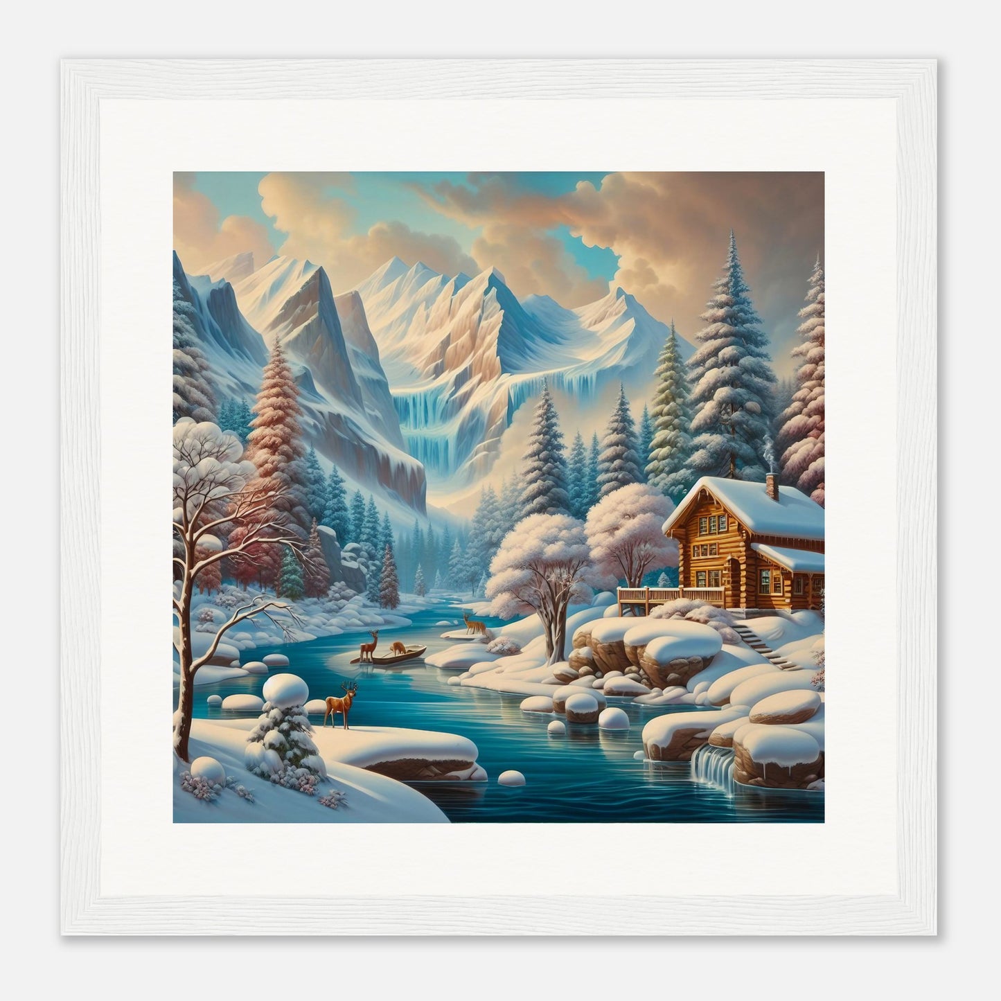 Wall Art - Winter 5 - Deer, log cabin by the river