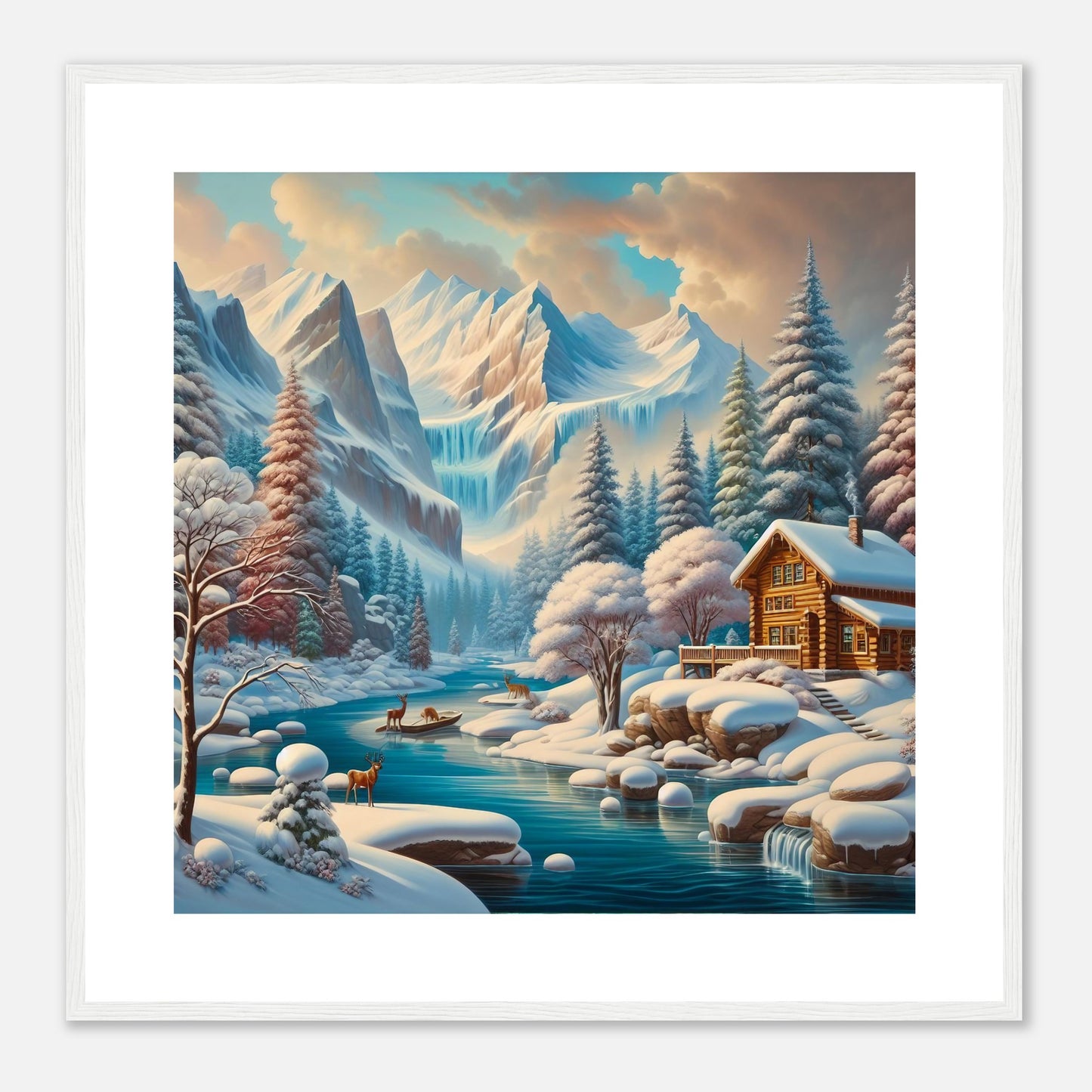 Wall Art - Winter 5 - Deer, log cabin by the river
