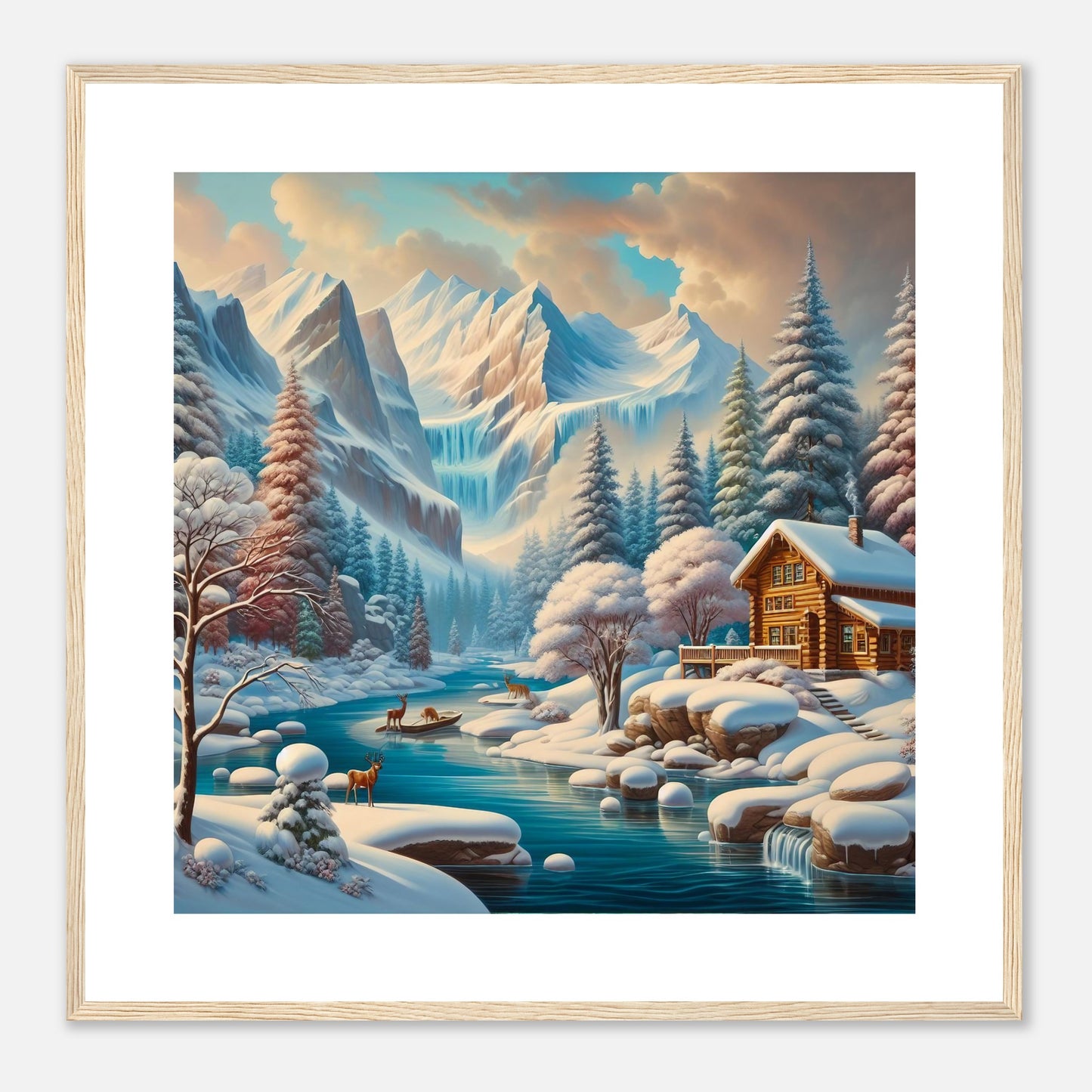 Wall Art - Winter 5 - Deer, log cabin by the river