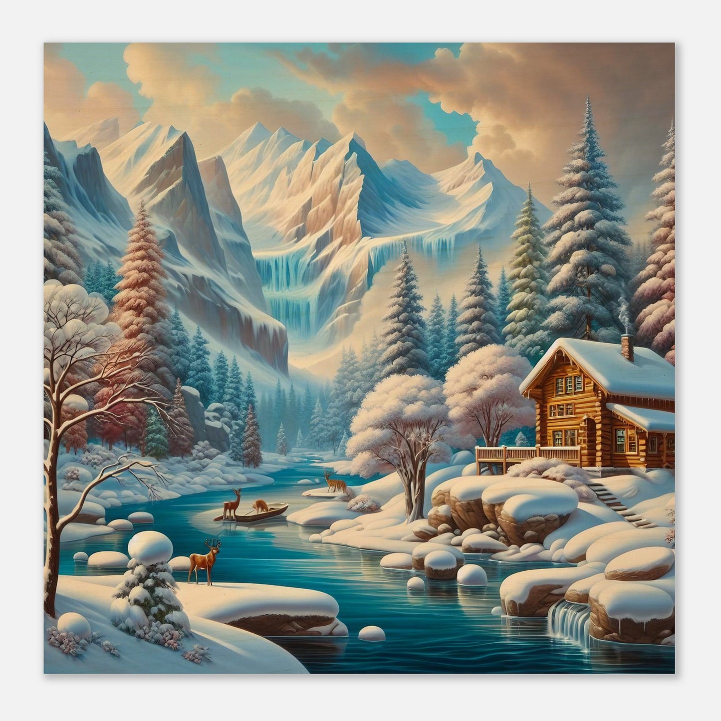 Wall Art - Winter 5 - Deer, log cabin by the river