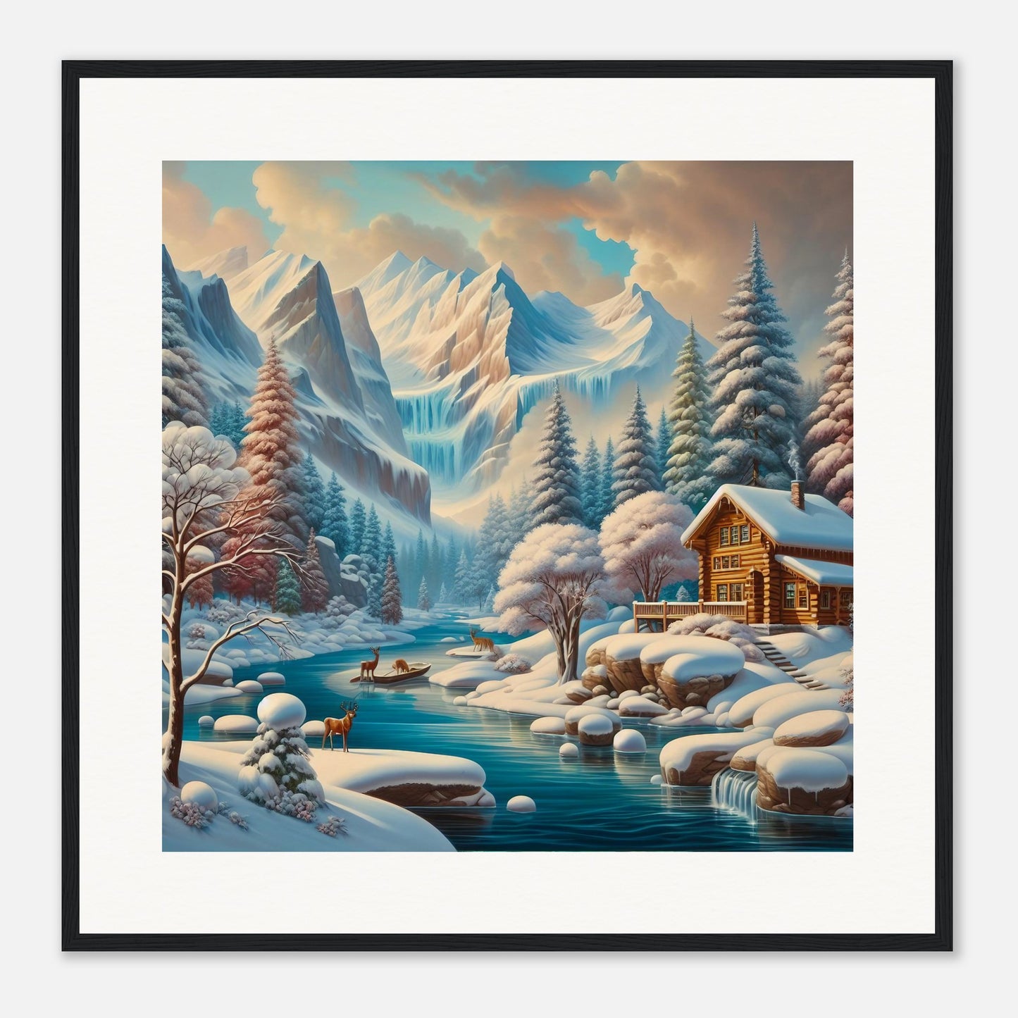 Wall Art - Winter 5 - Deer, log cabin by the river