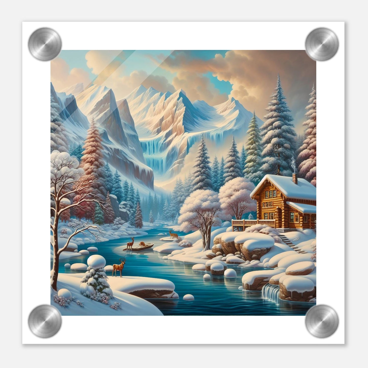 Wall Art - Winter 5 - Deer, log cabin by the river