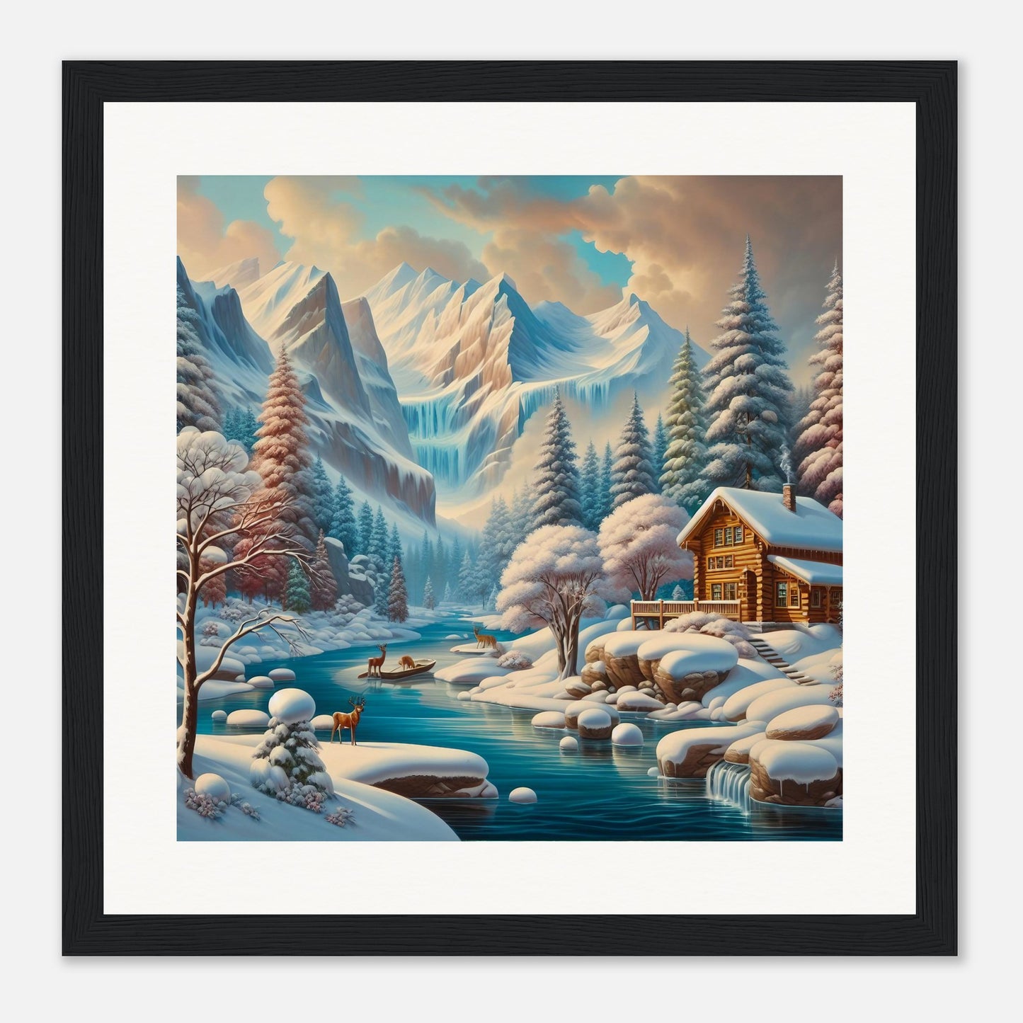 Wall Art - Winter 5 - Deer, log cabin by the river