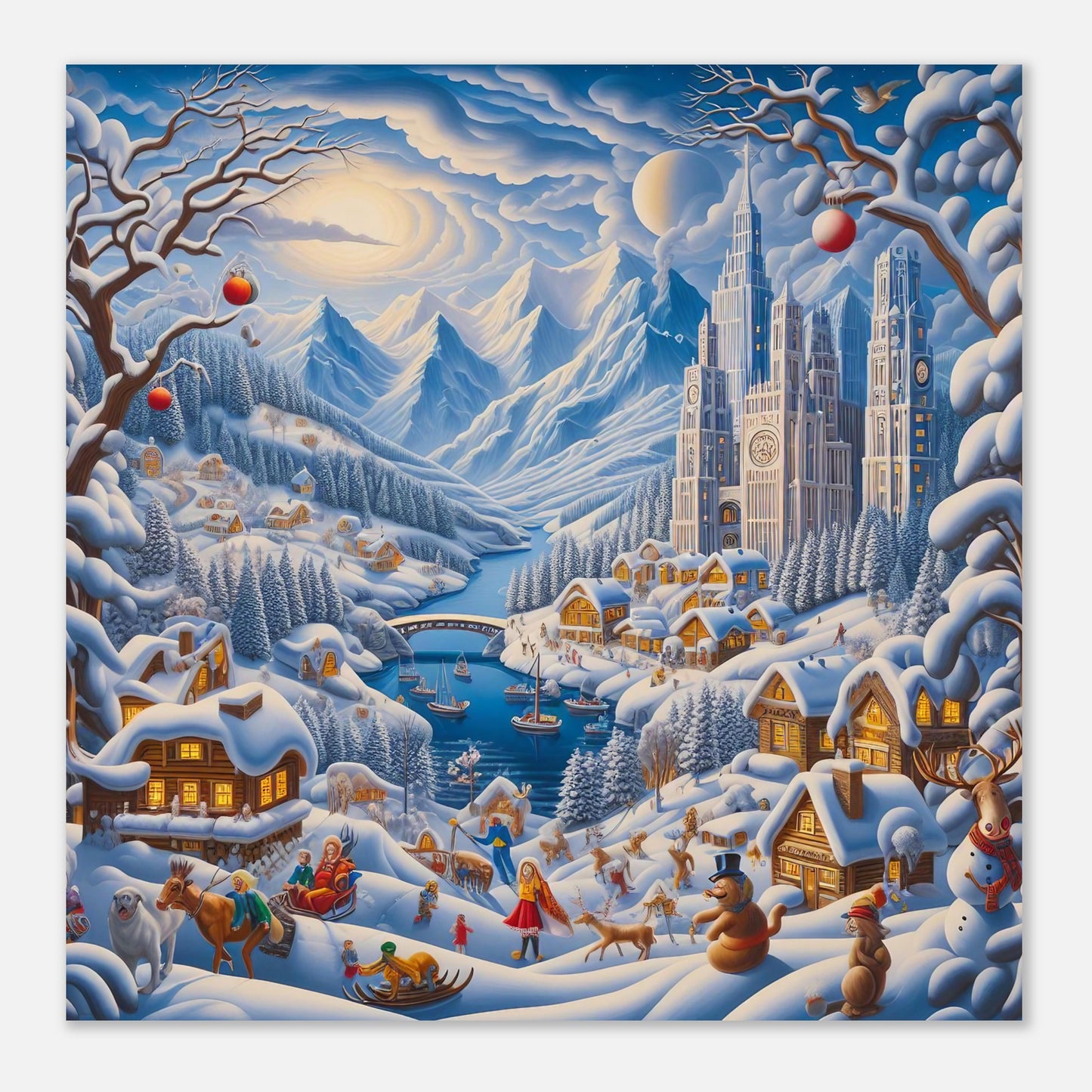Wall Art - Winter 2 - Mountains, river, building