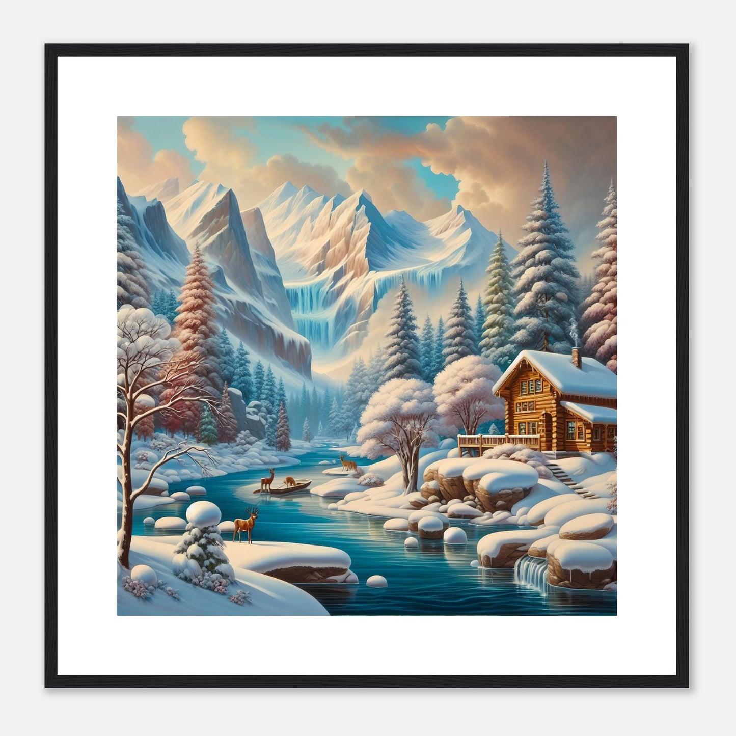 Wall Art - Winter 5 - Deer, log cabin by the river