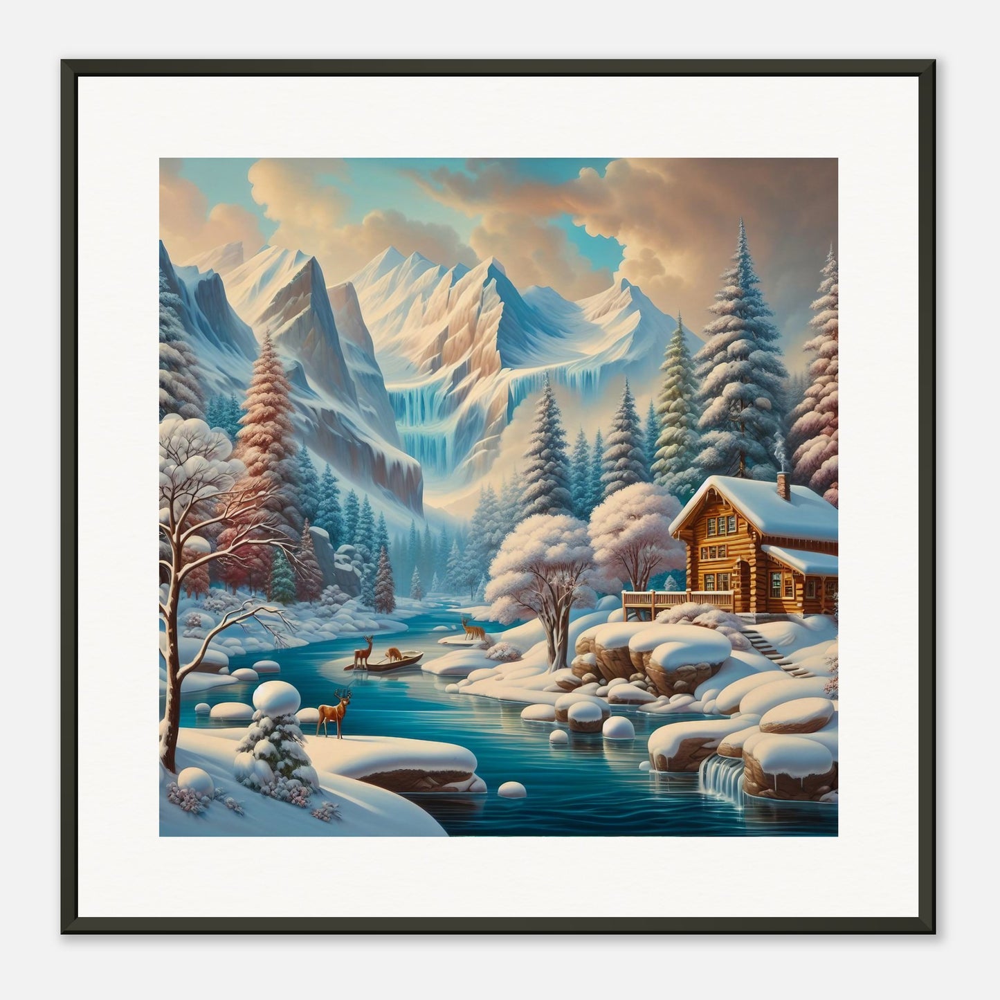 Wall Art - Winter 5 - Deer, log cabin by the river