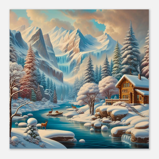 Wall Art - Winter 5 - Deer, log cabin by the river