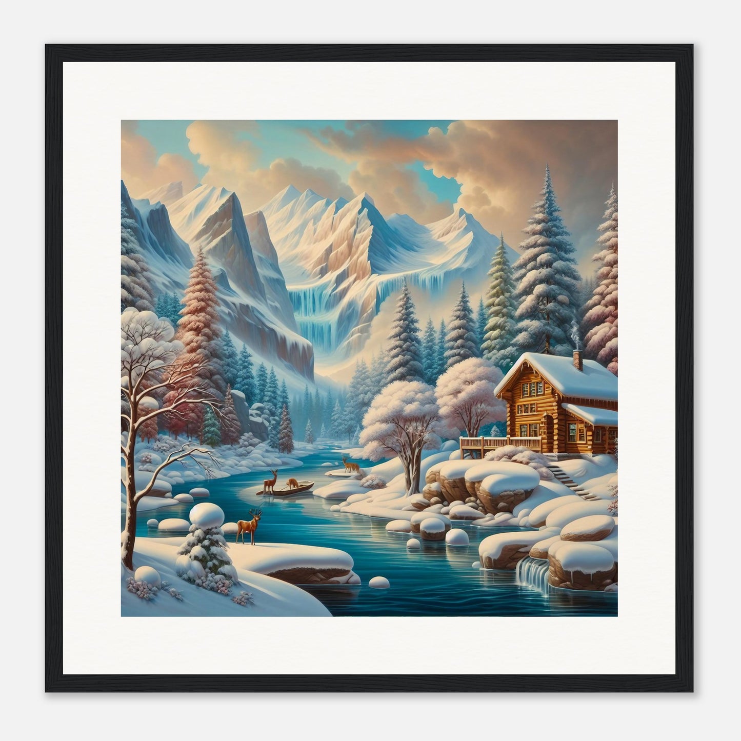 Wall Art - Winter 5 - Deer, log cabin by the river