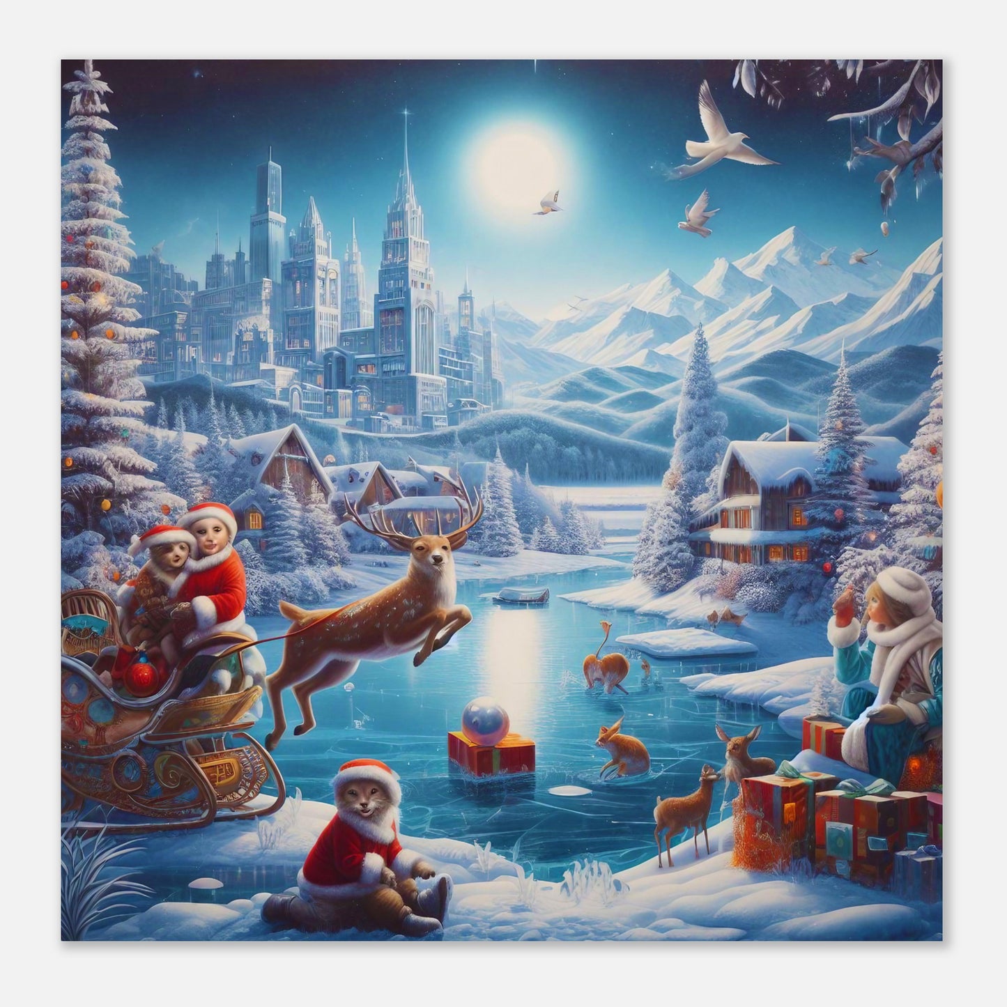 Wall Art - Winter 68 - Jumping reindeer by the river