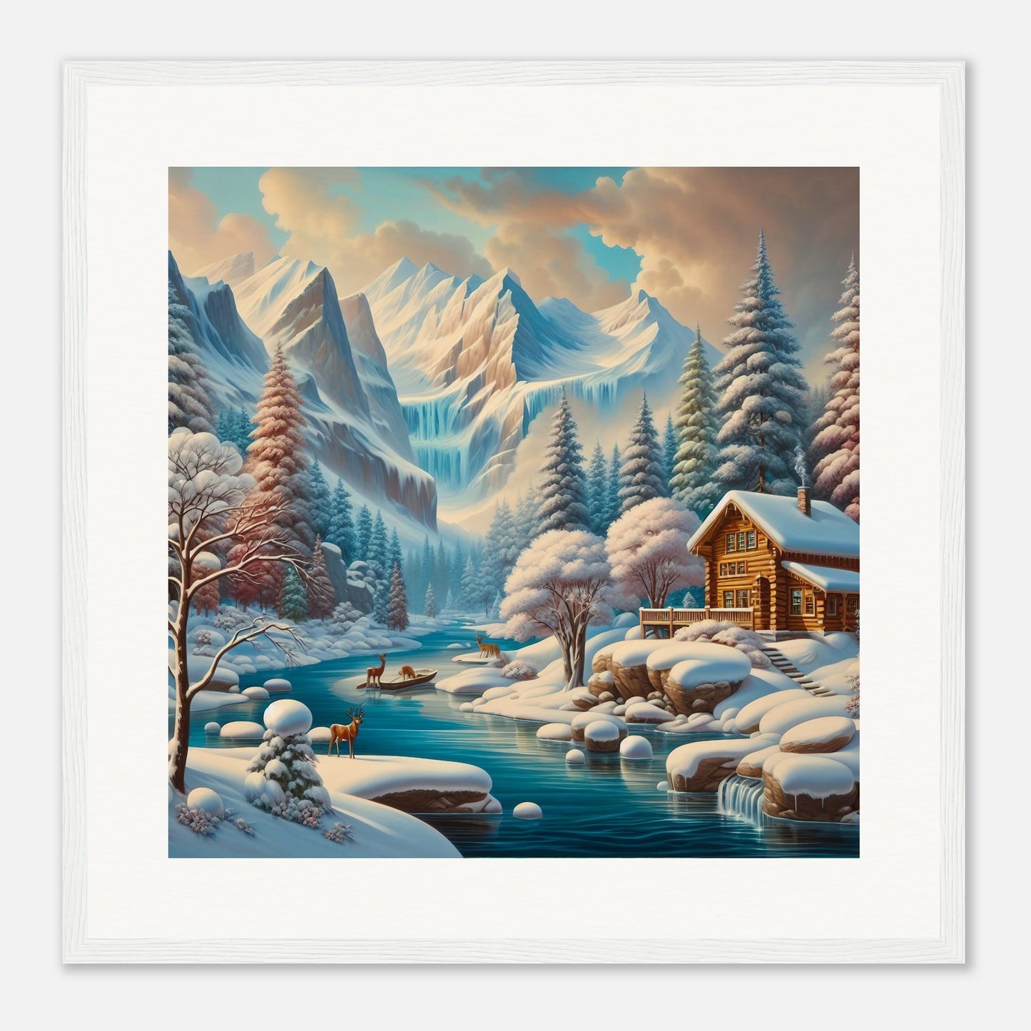 Wall Art - Winter 5 - Deer, log cabin by the river