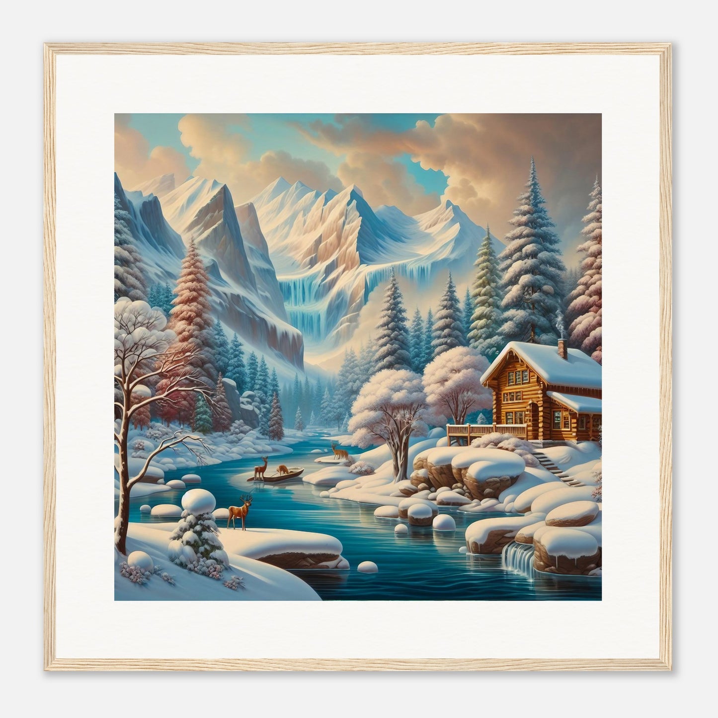 Wall Art - Winter 5 - Deer, log cabin by the river