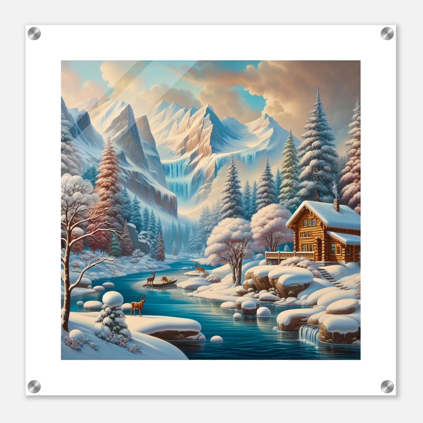 Wall Art - Winter 5 - Deer, log cabin by the river