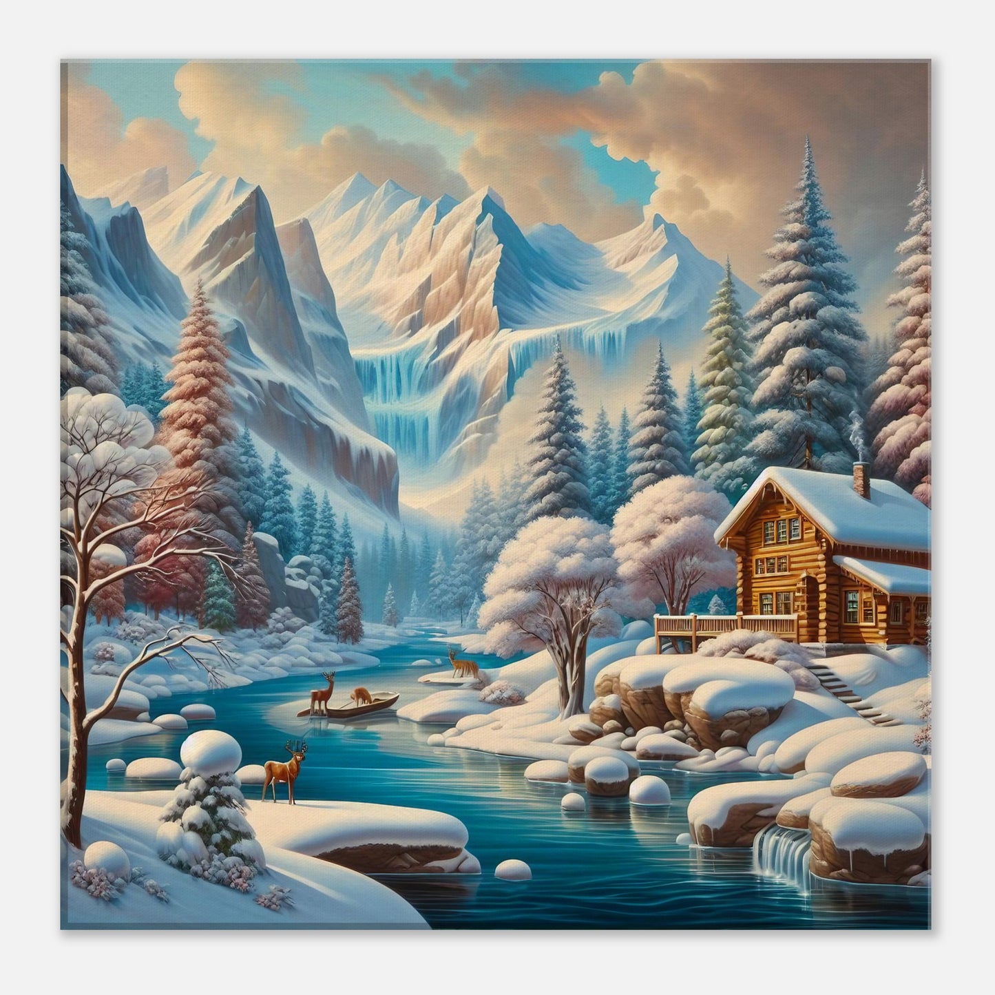 Wall Art - Winter 5 - Deer, log cabin by the river