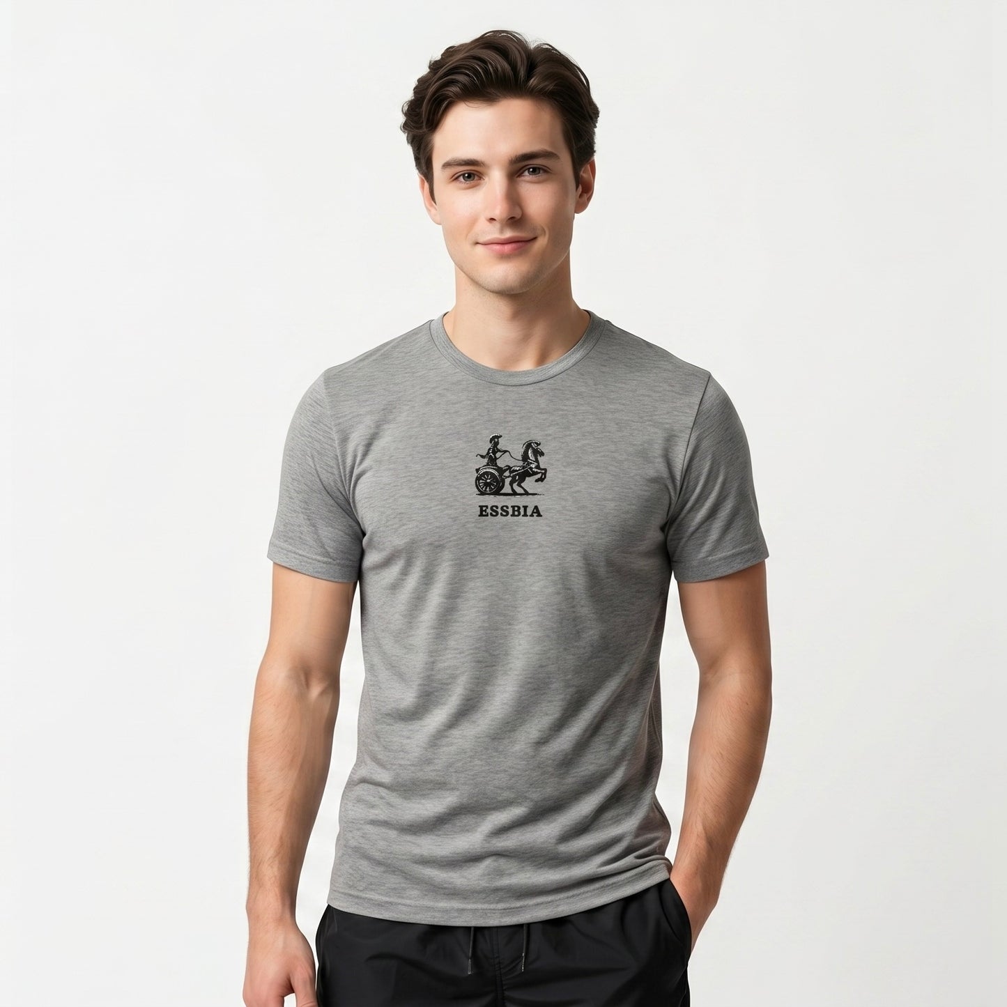 Men's Short Sleeve T-Shirt - Embroidered Logo On Chest - Athletic Grey