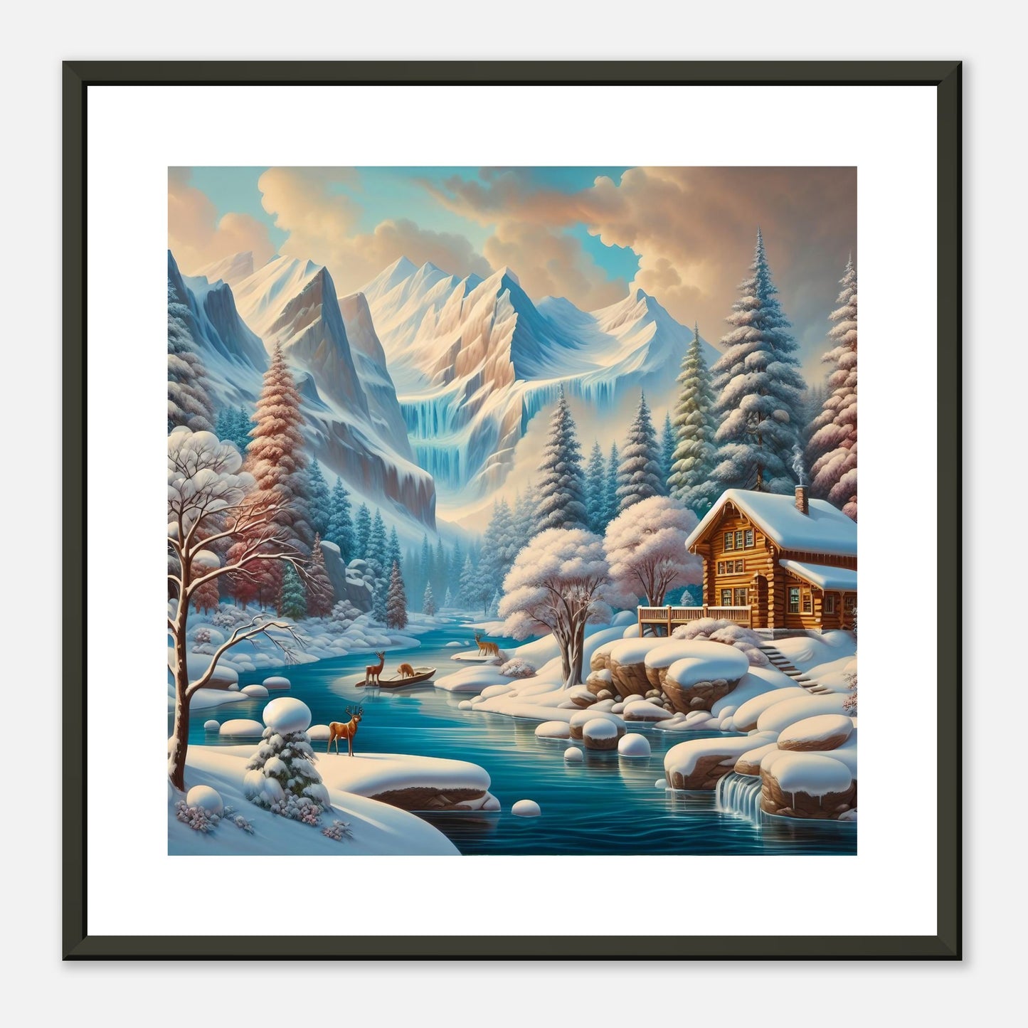 Wall Art - Winter 5 - Deer, log cabin by the river