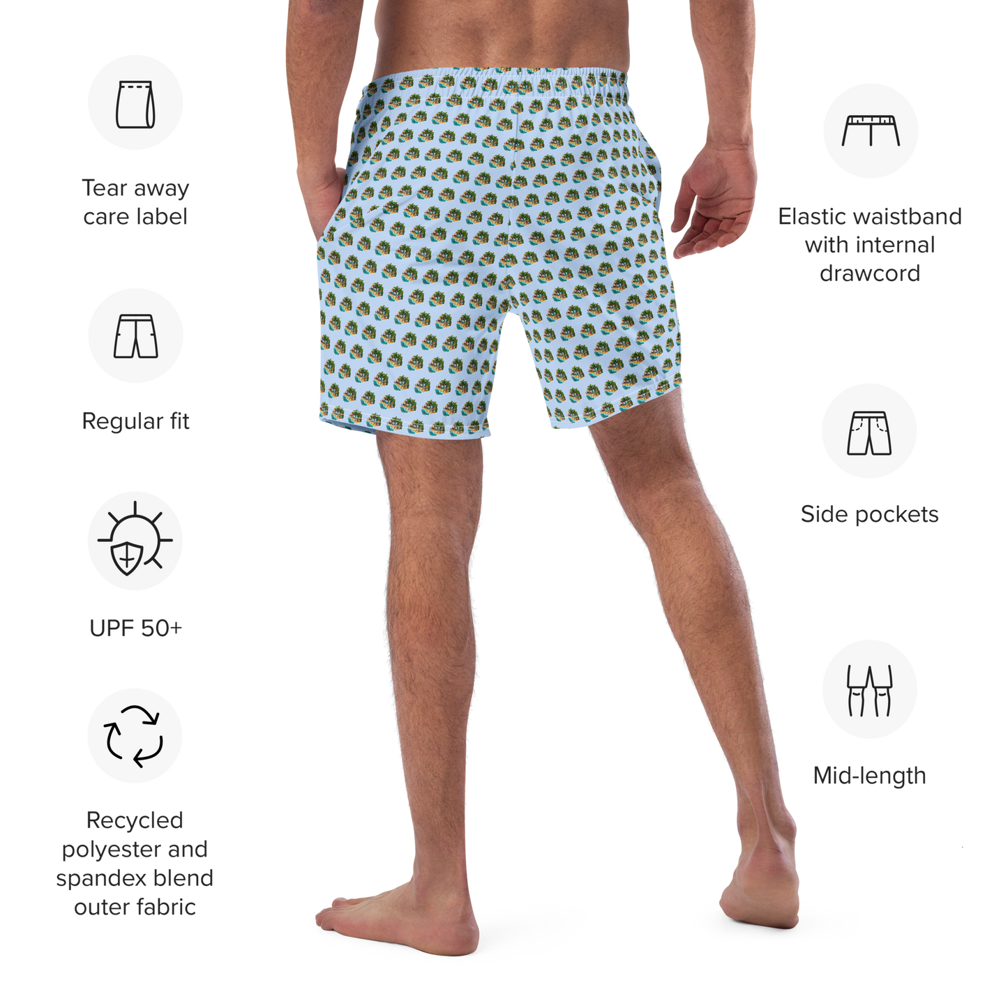 Men's Swim Trunks - Beach Scene 1 - Hawkes Blue