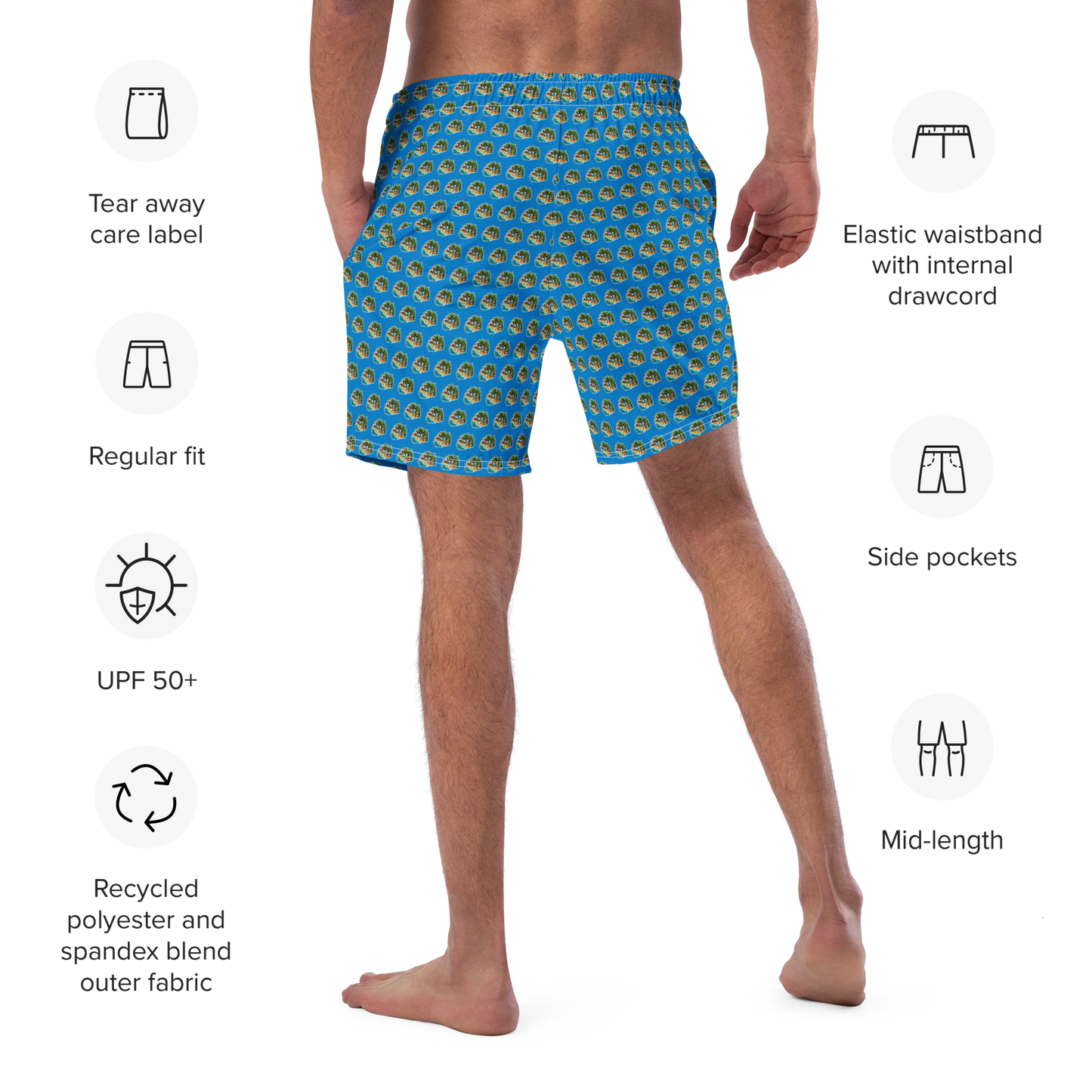 Men's Swim Trunks - Beach Scene 1 - Navy Blue