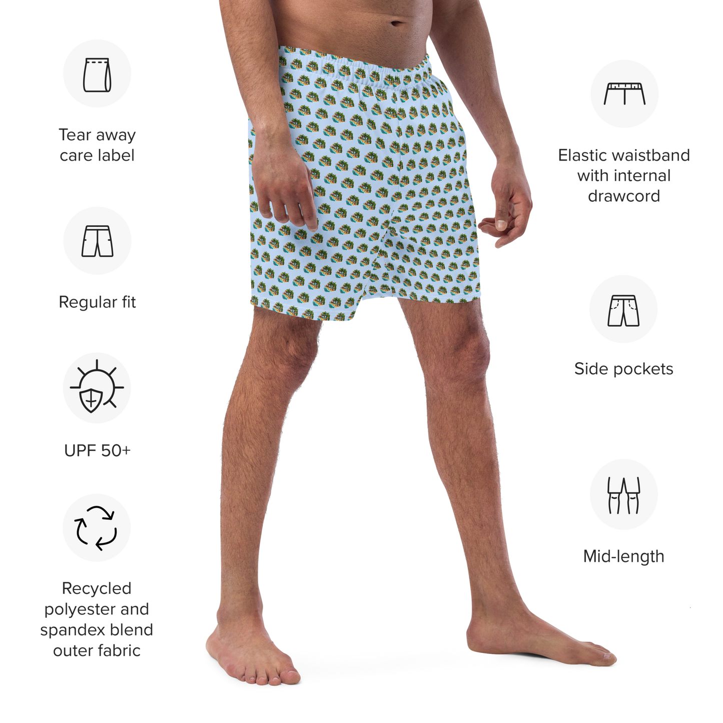 Men's Swim Trunks - Beach Scene 1 - Hawkes Blue