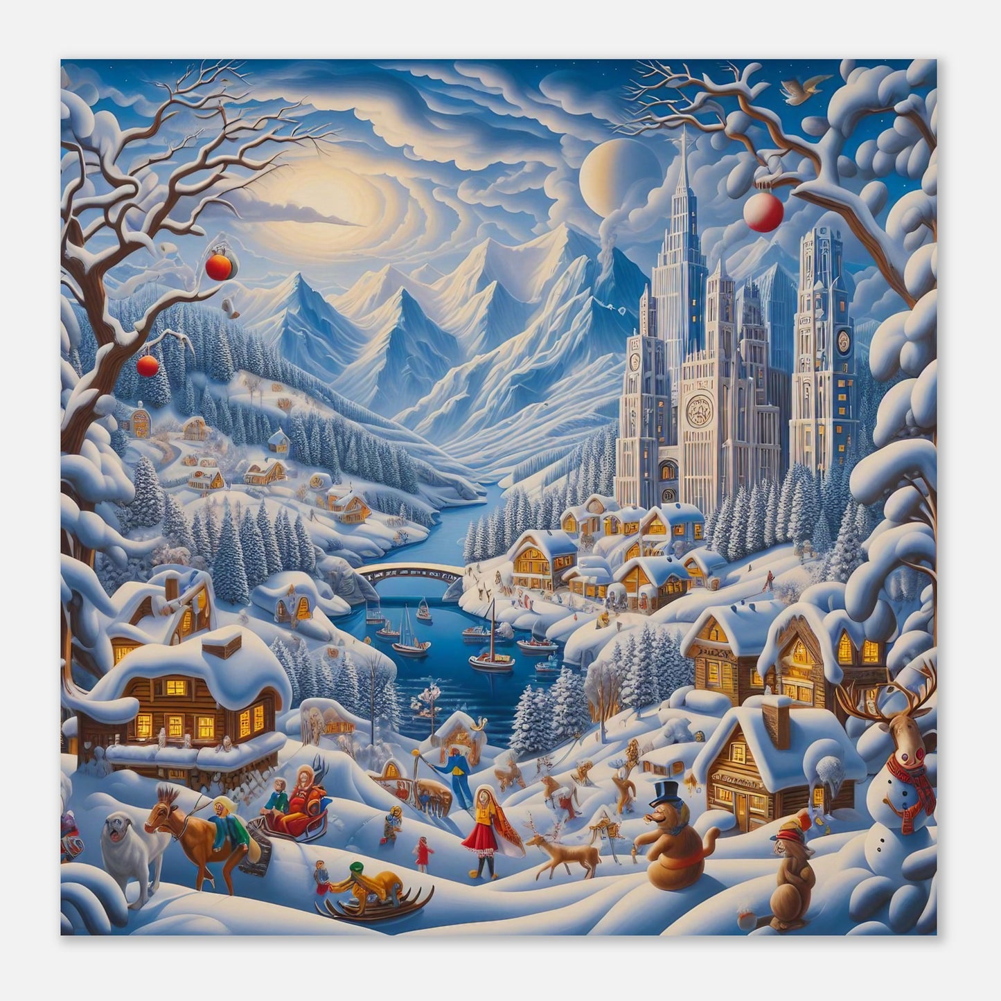 Wall Art - Winter 2 - Mountains, river, building