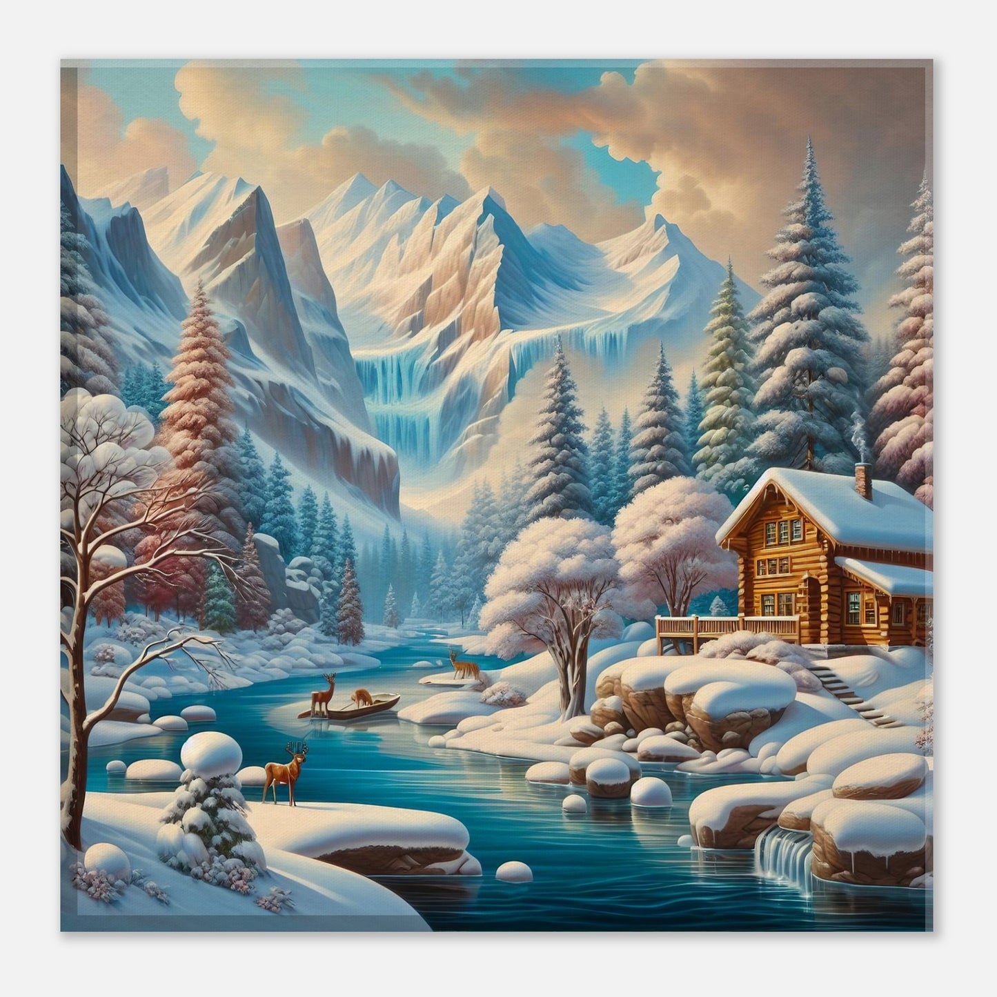 Wall Art - Winter 5 - Deer, log cabin by the river