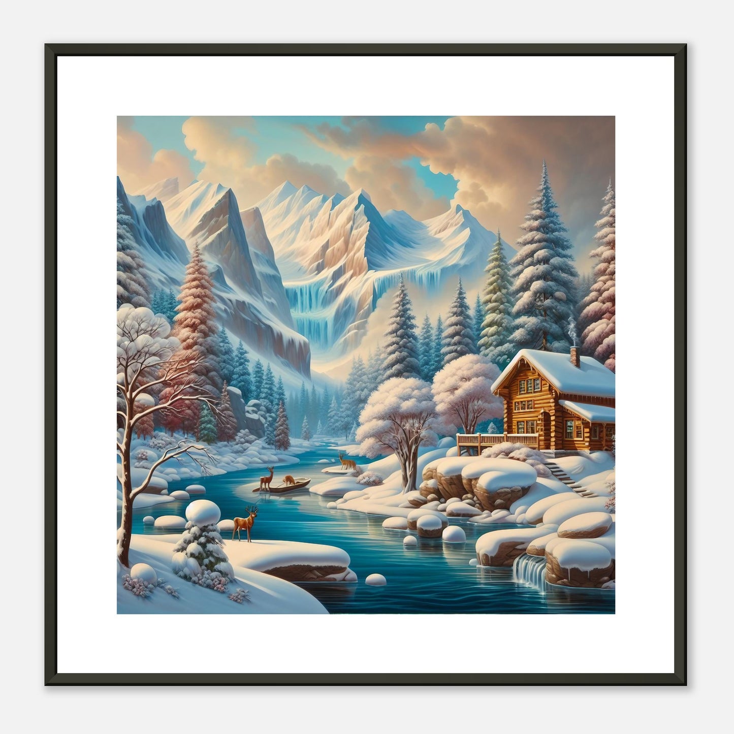 Wall Art - Winter 5 - Deer, log cabin by the river
