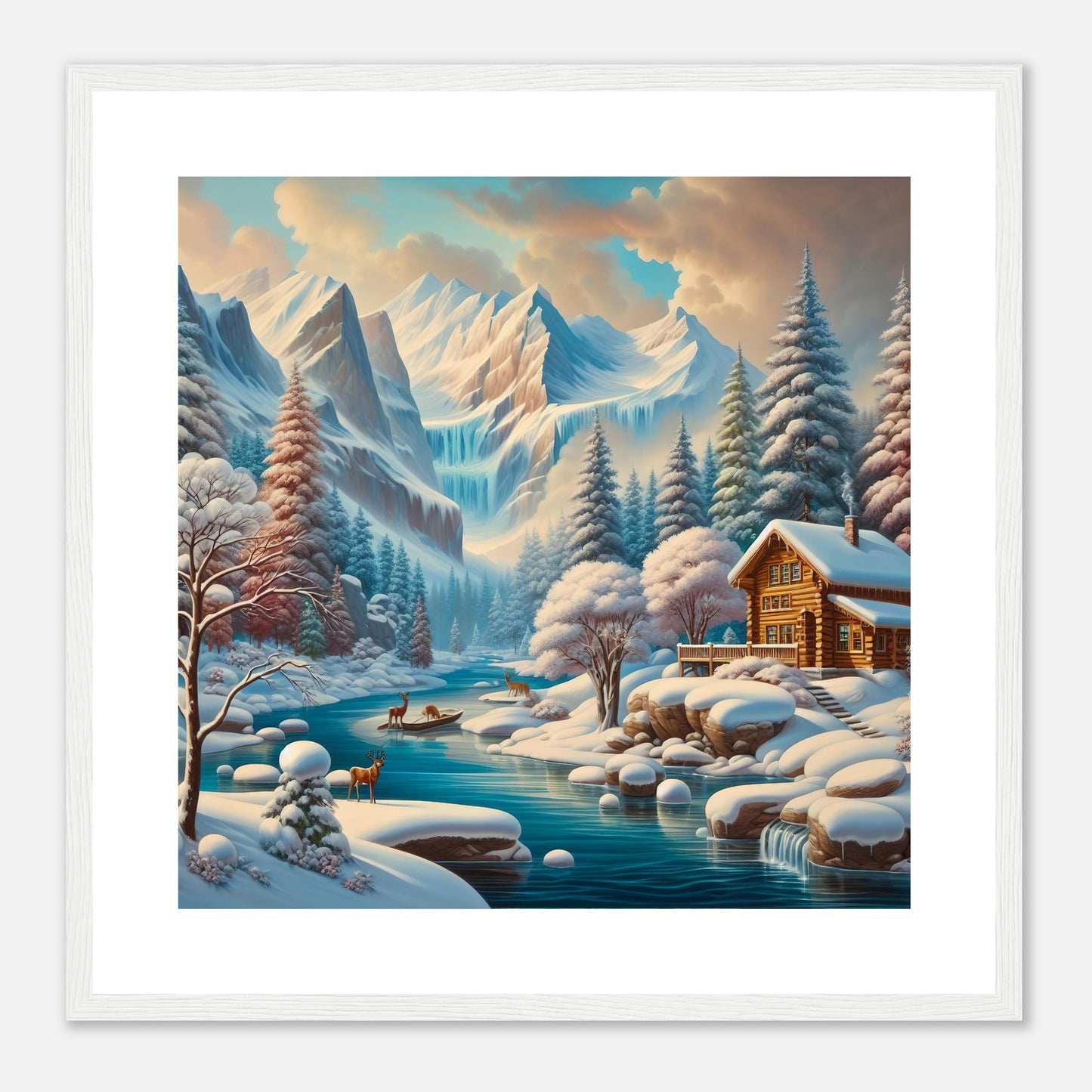 Wall Art - Winter 5 - Deer, log cabin by the river