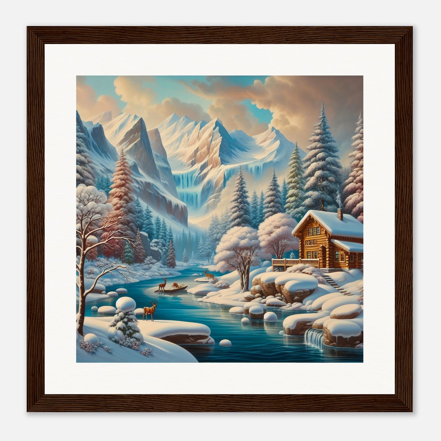 Wall Art - Winter 5 - Deer, log cabin by the river