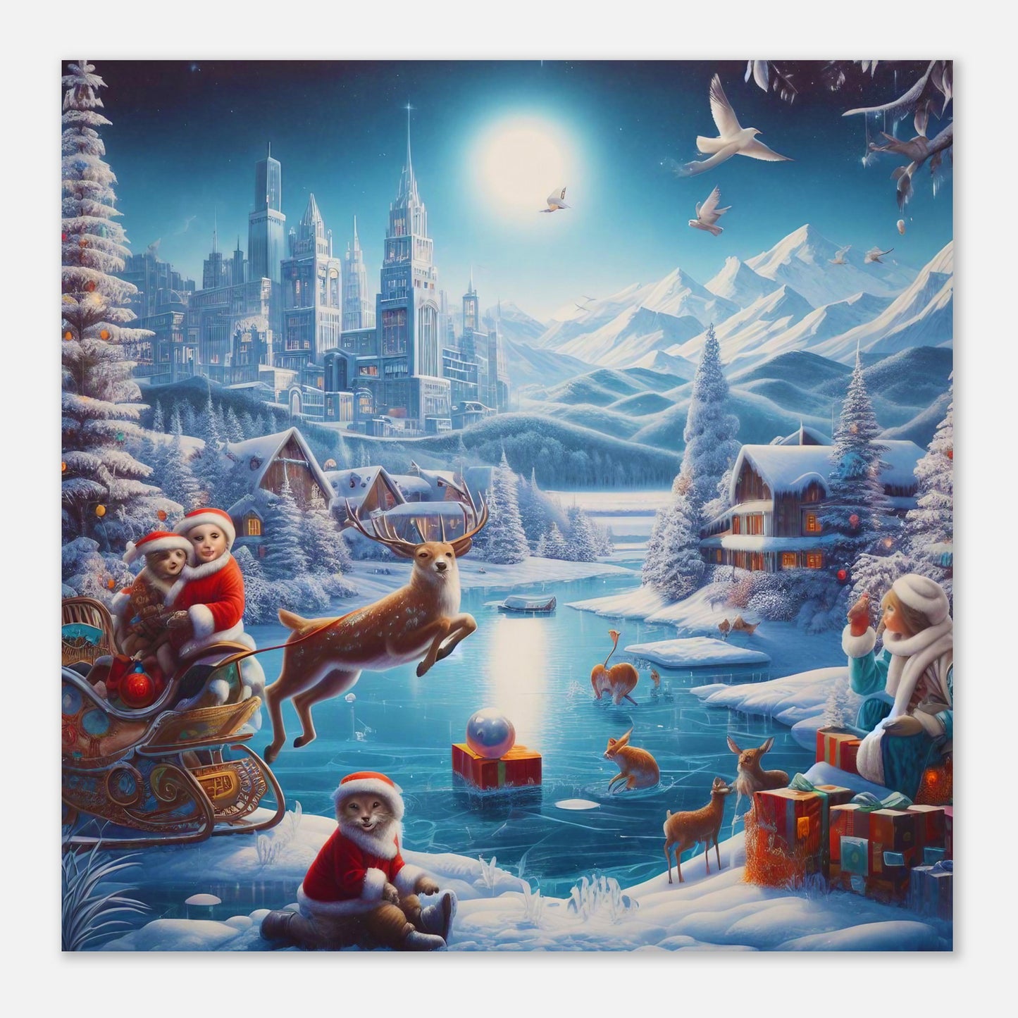 Wall Art - Winter 68 - Jumping reindeer by the river