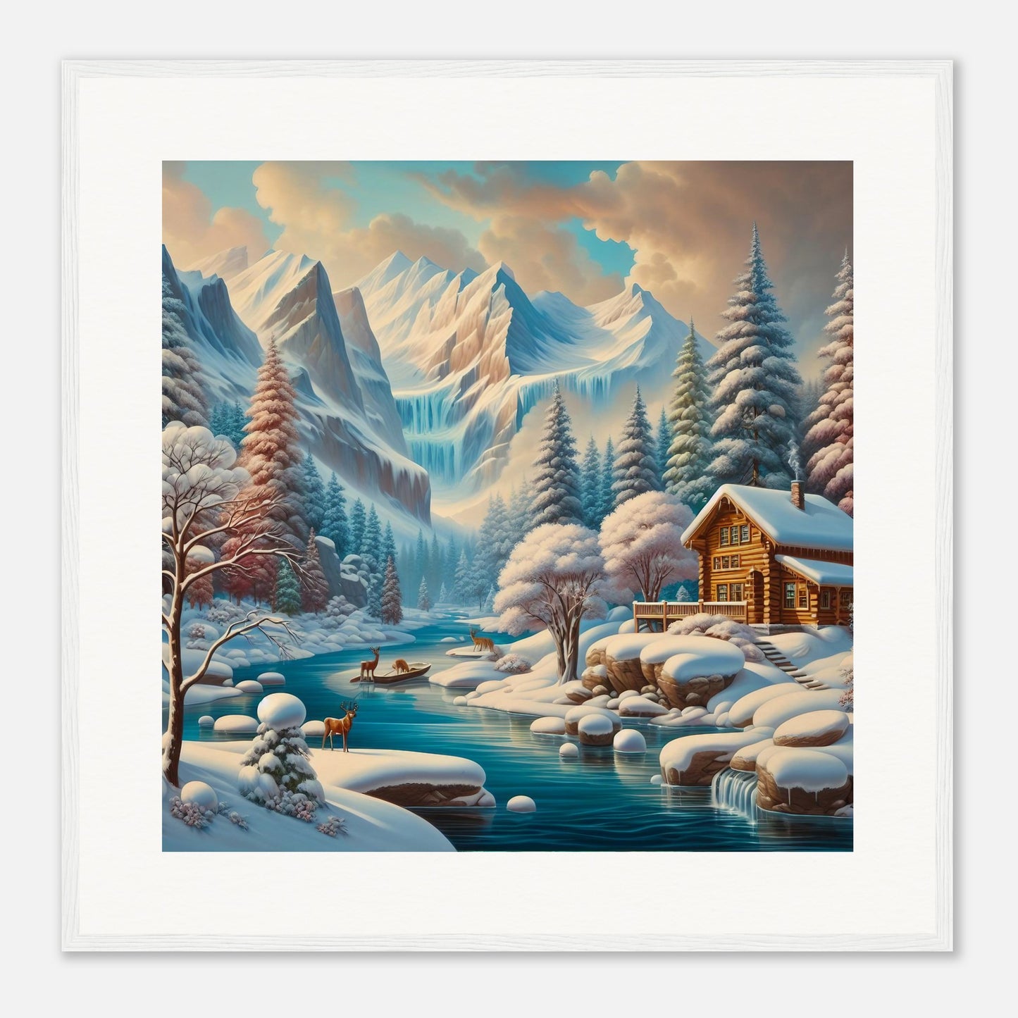 Wall Art - Winter 5 - Deer, log cabin by the river