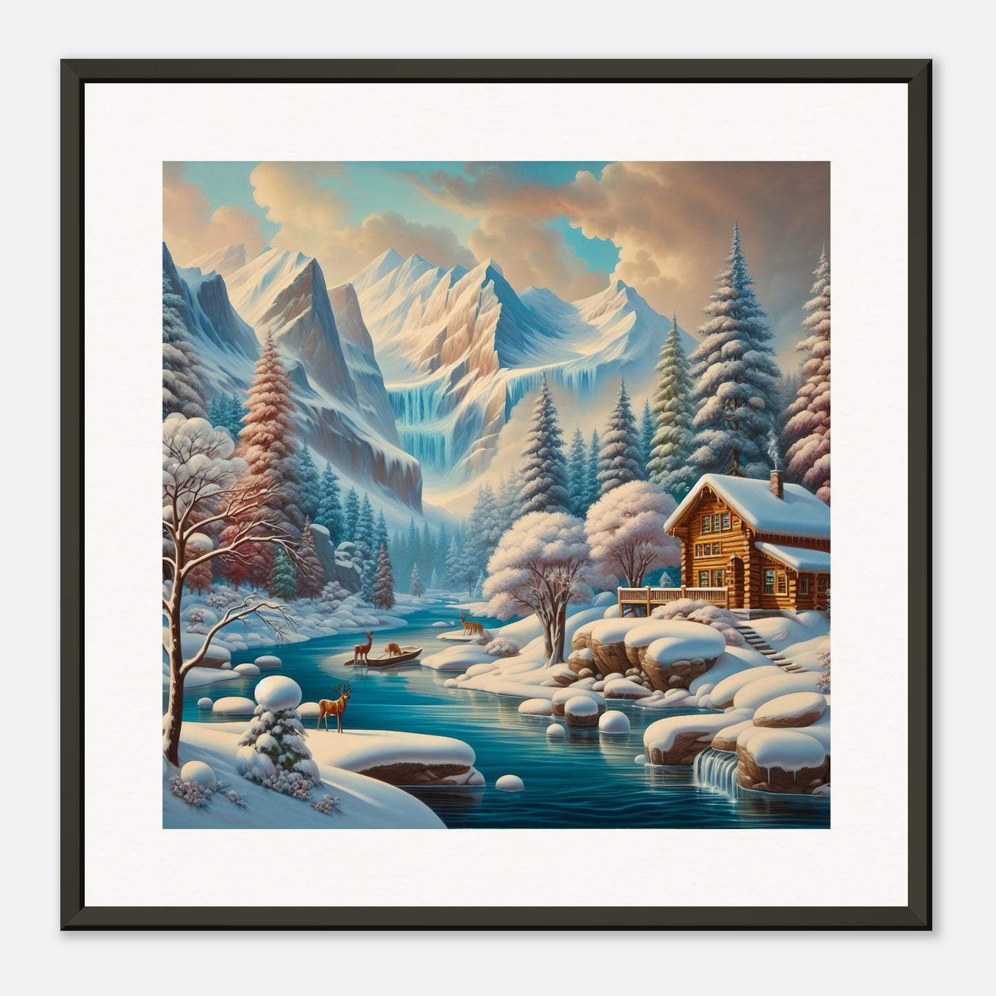 Wall Art - Winter 5 - Deer, log cabin by the river