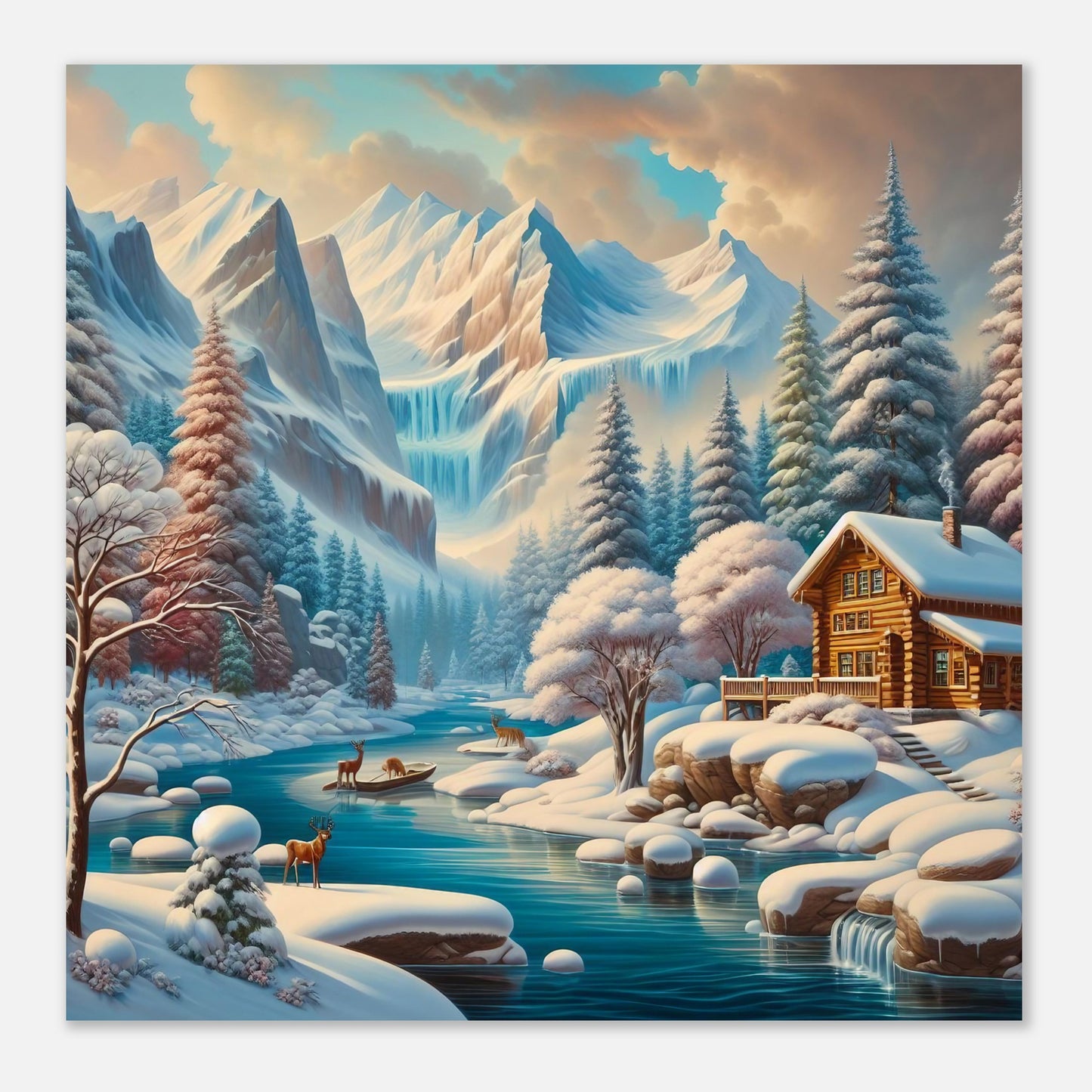Wall Art - Winter 5 - Deer, log cabin by the river