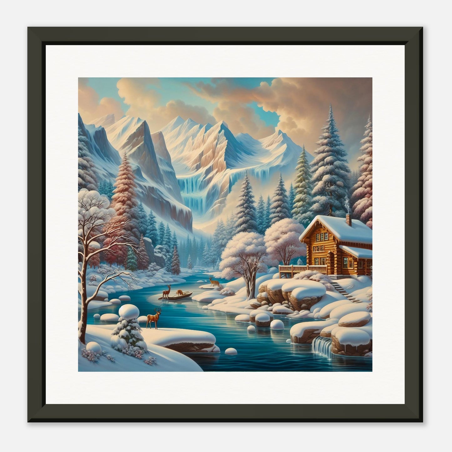 Wall Art - Winter 5 - Deer, log cabin by the river